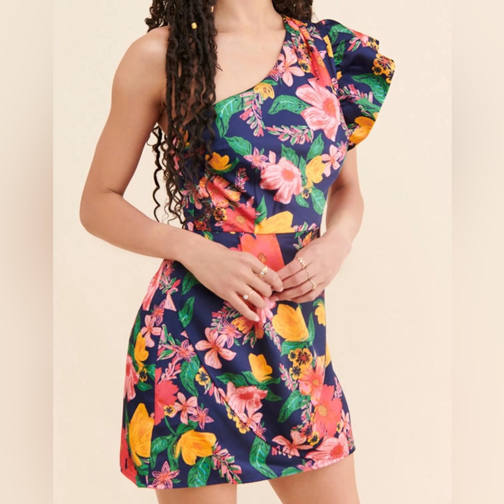 Finders Keepers Coco Cabana one-shoulder mini dress navy floral print